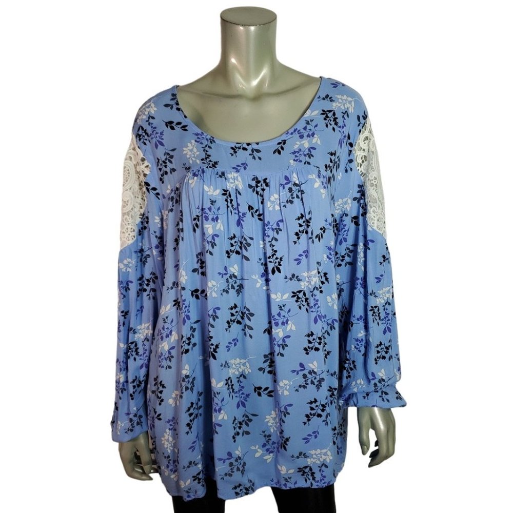 Lane Bryant Peasant Top Plus Size 18/20 Crochet Shoulder Long Sleeve Blue